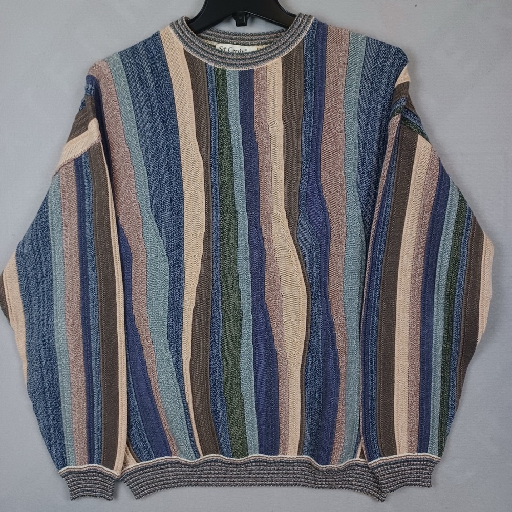 VTG ST Croix Shop Sweater Mens L Wavy Stripe 90s Grandpa Coogi Style Knit
